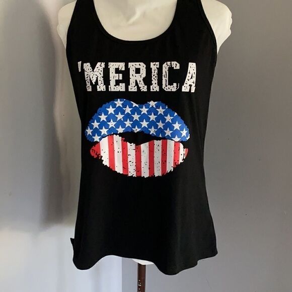 Merica Tank Top With Flag Lip Red Blue Print - Picture 3 of 6